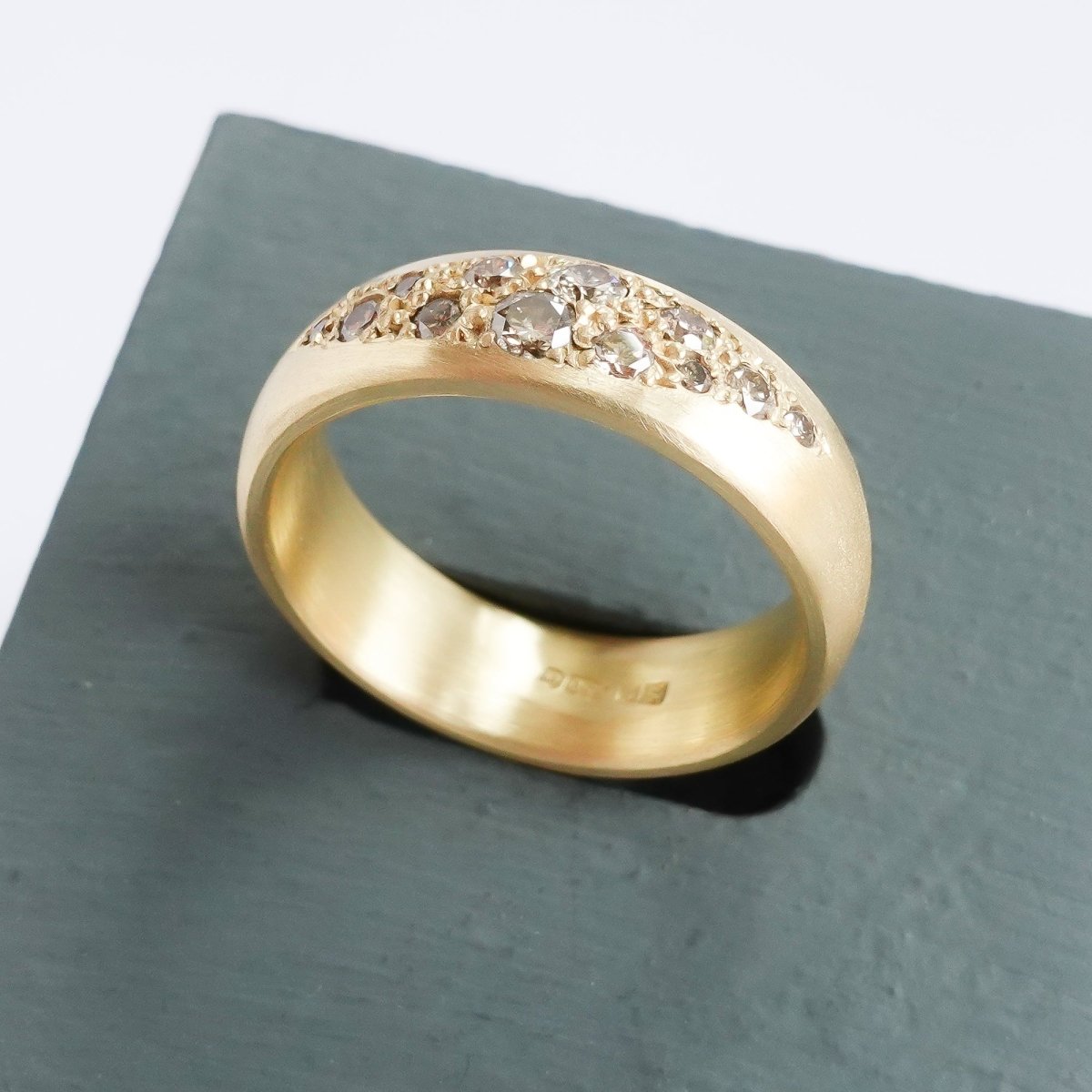 Eternity wedding everyday ring scattered champagne diamonds 18ct yellow gold contemporary and handmade
