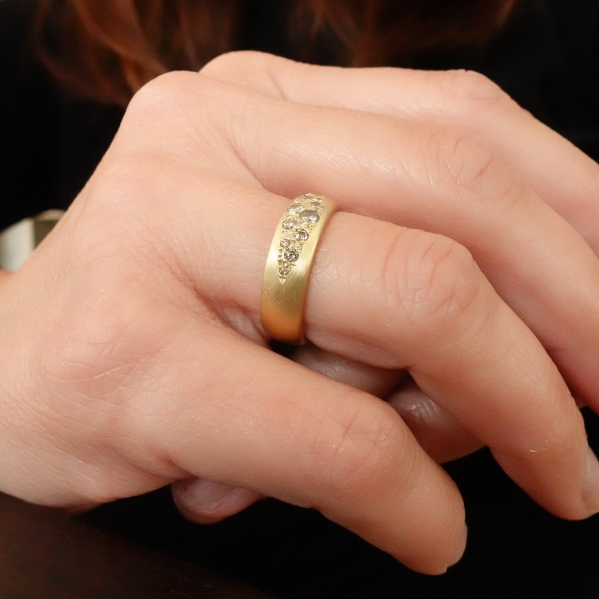 Eternity wedding everyday ring scattered champagne diamonds 18ct yellow gold contemporary and handmade
