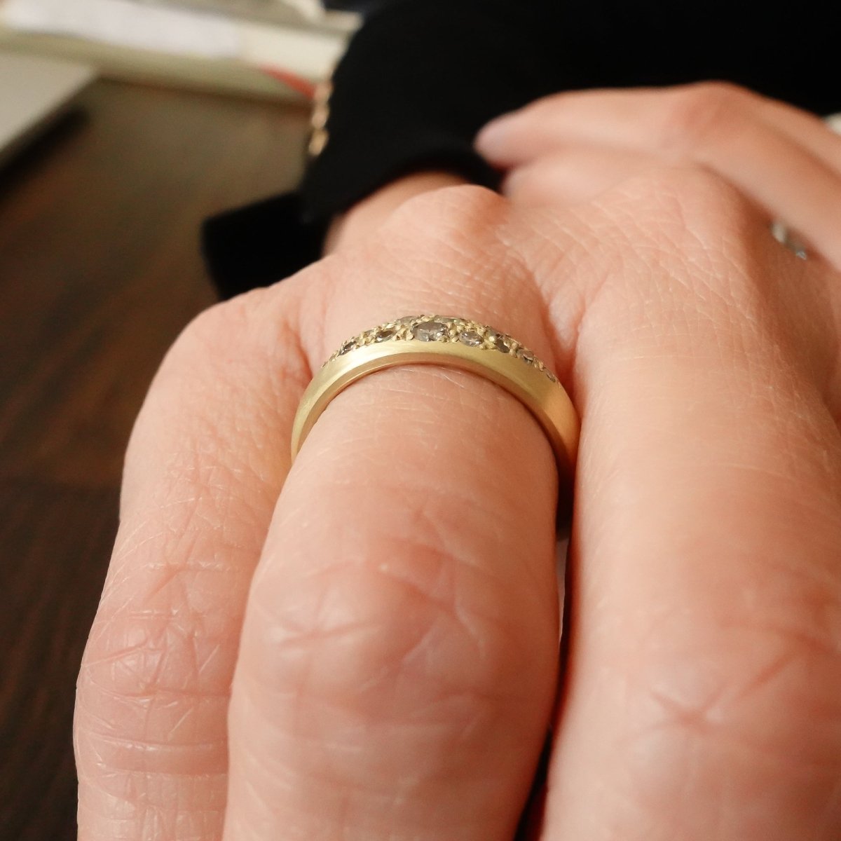 Eternity wedding everyday ring scattered champagne diamonds 18ct yellow gold contemporary and handmade