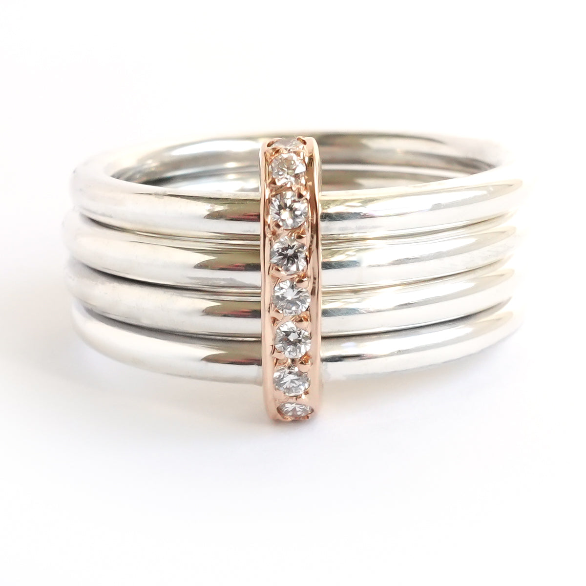 Four 4 band modern contemporary silver and gold two tone pave set diamond ring handmade by Sue Lane