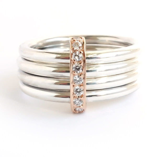 Four 4 band modern contemporary silver and gold two tone pave set diamond ring handmade by Sue Lane