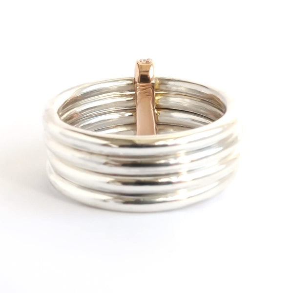 Four 4 band modern contemporary silver and gold two tone pave set diamond ring handmade by Sue Lane