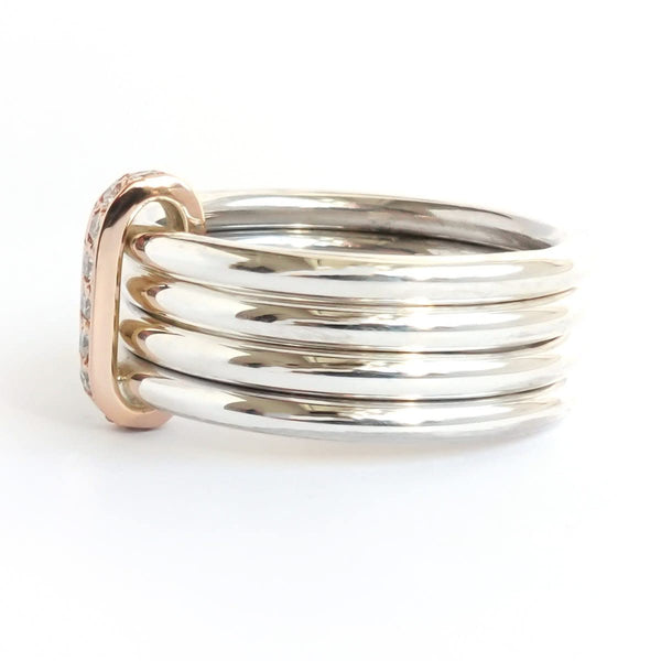 Four 4 band modern contemporary silver and gold two tone pave set diamond ring handmade by Sue Lane