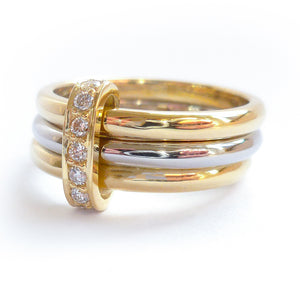 Three band gold and platinum ring with diamonds. Bespoke, contemporary and unique. Multi band ring or interlocking ring, sometimes called triple band rings too.
