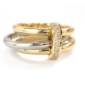 Three band gold and platinum ring with diamonds. Bespoke, contemporary and unique. Multi band ring or interlocking ring, sometimes called triple band rings too.