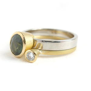 Green sapphire and diamond two band gold ring - unique and contemporary.