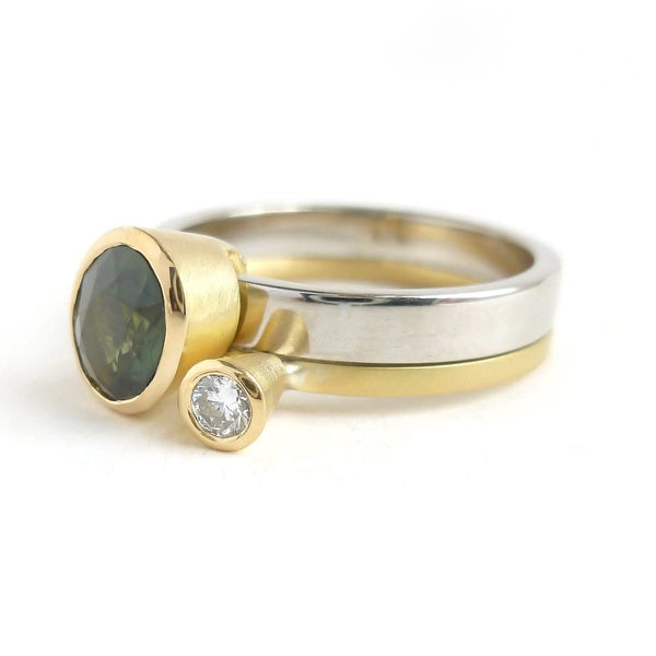 Green sapphire and diamond two band gold ring - unique and contemporary.