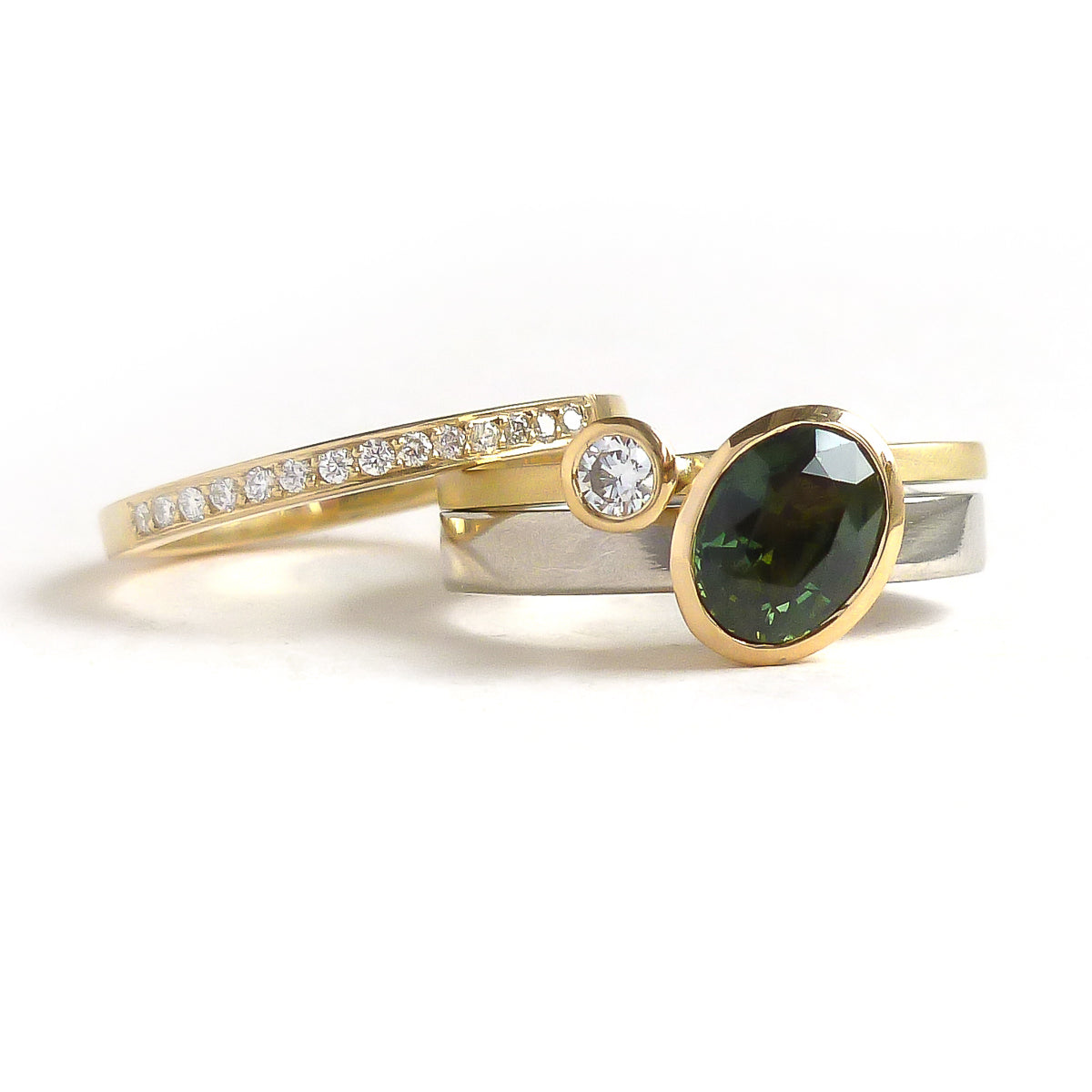 Green sapphire and diamond two band gold ring - unique and contemporary.