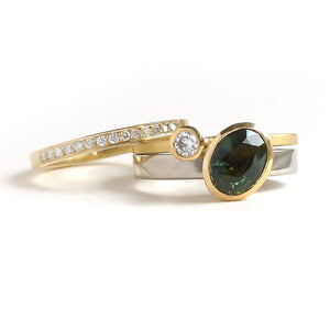Green sapphire and diamond two band gold ring - unique and contemporary.