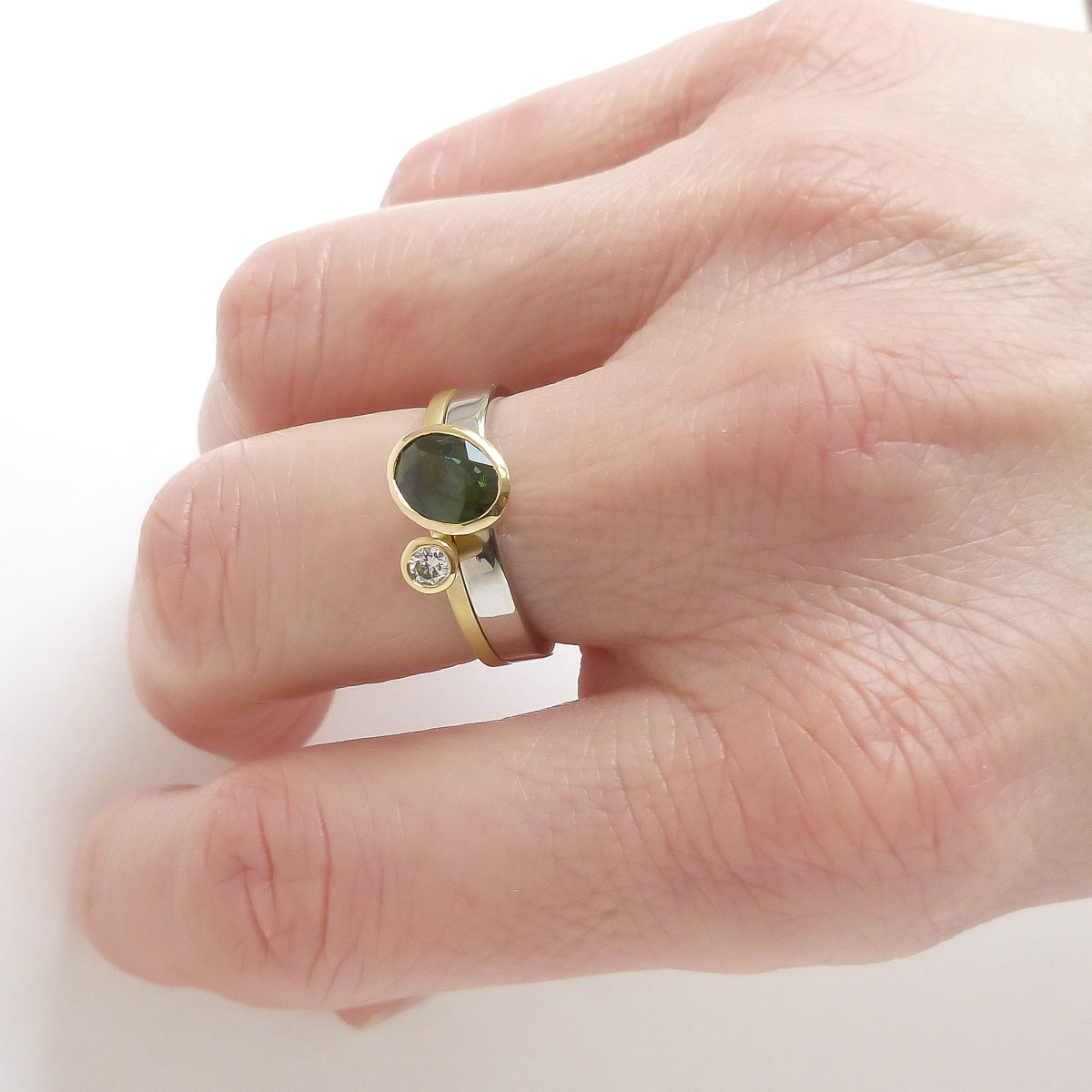 Green sapphire and diamond two band gold ring - unique and contemporary.