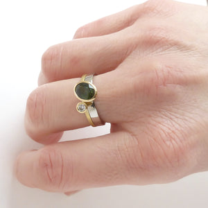 Green sapphire and diamond two band gold ring - unique and contemporary.