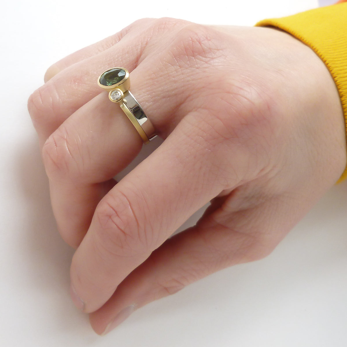 Green sapphire and diamond two band gold ring - unique and contemporary.