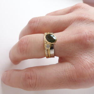 Green sapphire and diamond two band gold ring - unique and contemporary.