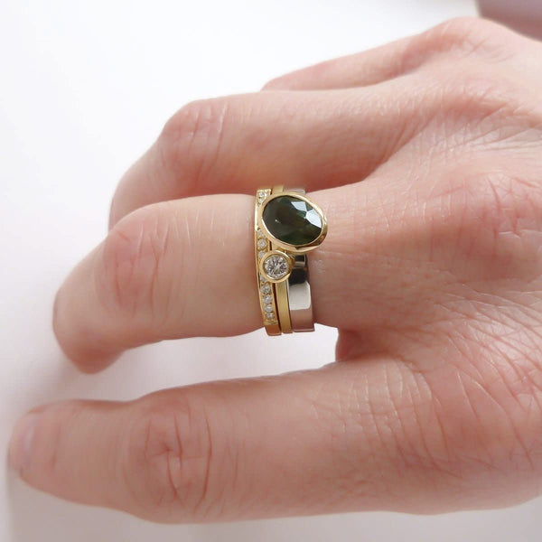 Green sapphire and diamond two band gold ring - unique and contemporary.