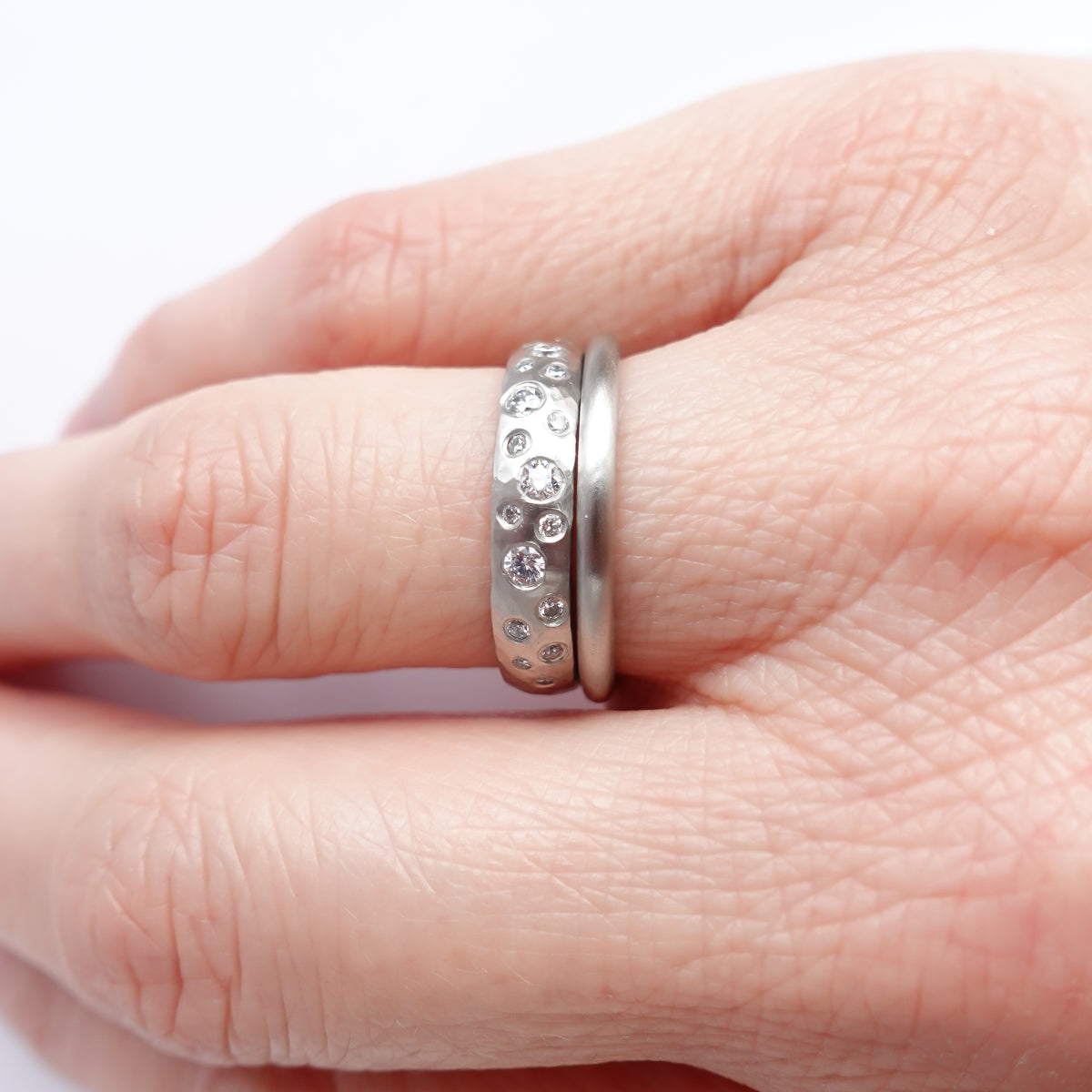 Hammered platinum and diamond ring unique and bespoke Sue Lane
