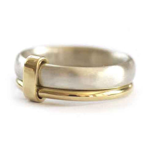 Unusual, unique, bespoke and modern three band stacking ring in silver and gold. Handmade by Sue Lane Jewellery in Herefordshire, UK. Unique wedding ring.