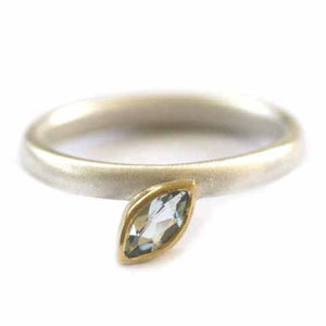 Contemporary, modern and bespoke silver, 18k white and yellow gold marquise aquamarine handmade stacking ring by designer maker Sue Lane Jewellery UK