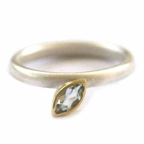 Contemporary, modern and bespoke silver, 18k white and yellow gold marquise aquamarine handmade stacking ring by designer maker Sue Lane Jewellery UK