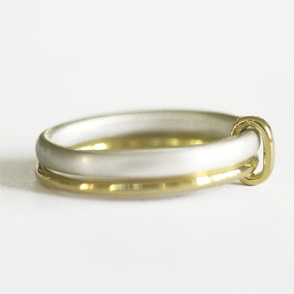 Unusual, unique, bespoke and modern women's/men’s wedding ring in silver and gold. Handmade by Sue Lane Jewellery in Herefordshire, UK. Unique wedding ring.
