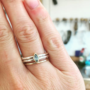 silver gold and aquamarine stacking ring set 
