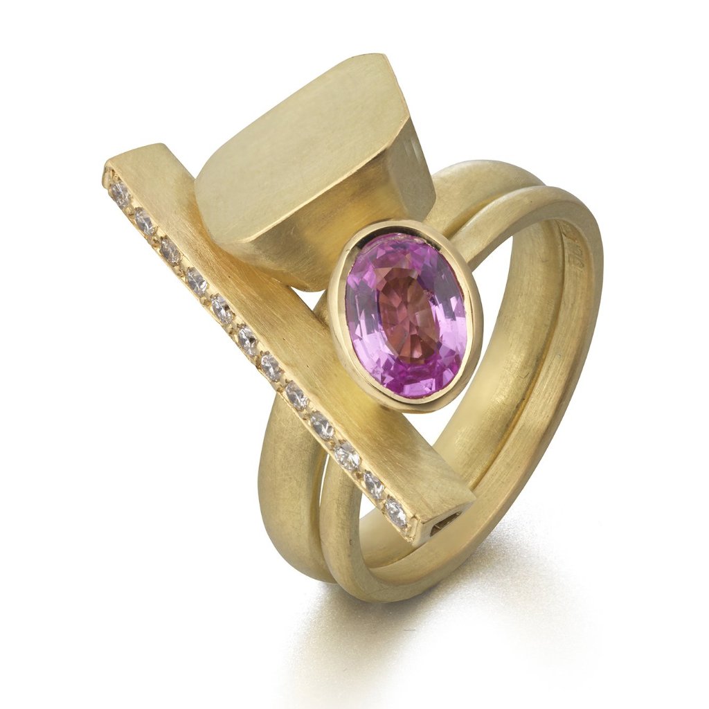 bespoke yellow gold and pink sapphire two band stacking ringset designed and made by Sue Lane