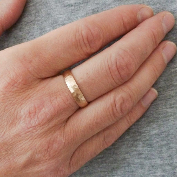 Contemporary mens 18ct rose gold wedding ring / band handmade hammered polished or matt