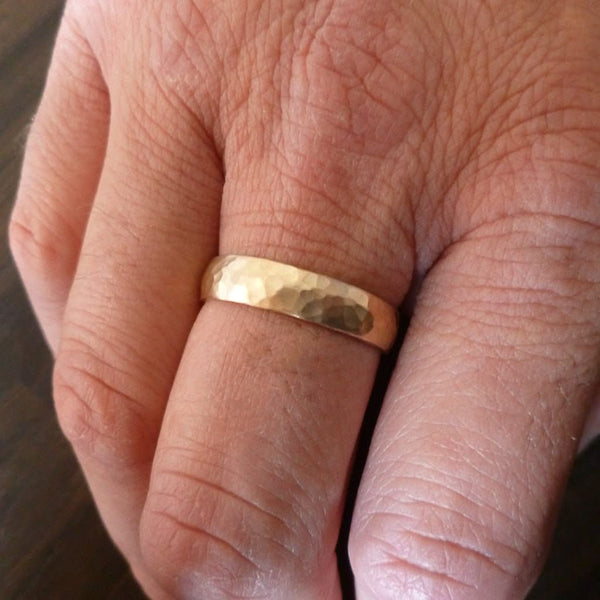 Contemporary mens 18ct rose gold wedding ring / band handmade hammered polished or matt