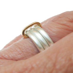 Modern unique and bespoke contemporary silver gold and diamond two band stacking ring by Sue Lane