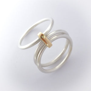 Modern unique and bespoke contemporary silver gold and diamond two band stacking ring by Sue Lane