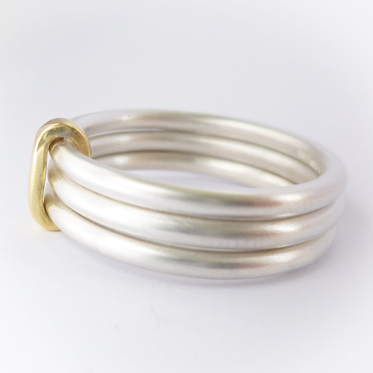 Modern unique and bespoke contemporary silver gold and diamond two band stacking ring by Sue Lane