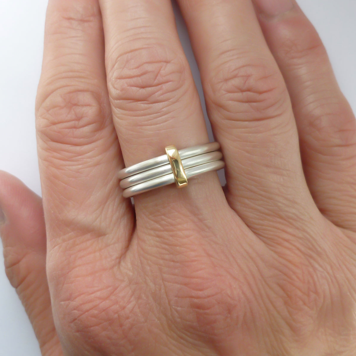 Modern unique and bespoke contemporary silver gold and diamond two band stacking ring by Sue Lane