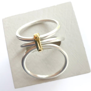 Modern unique and bespoke contemporary silver gold and diamond two band stacking ring by Sue Lane