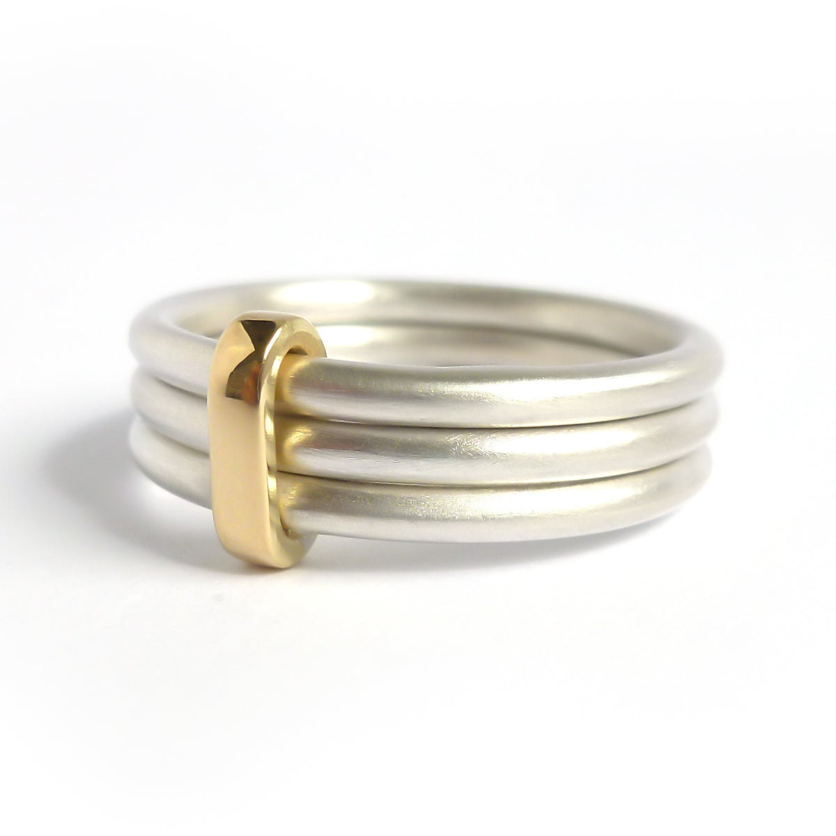 Modern unique and bespoke contemporary silver gold and diamond two band stacking ring by Sue Lane