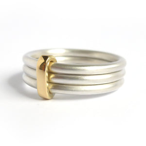 Modern unique and bespoke contemporary silver gold and diamond two band stacking ring by Sue Lane
