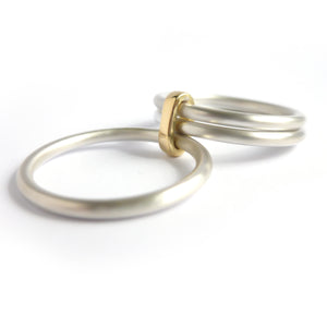 Modern unique and bespoke contemporary silver gold and diamond two band stacking ring by Sue Lane