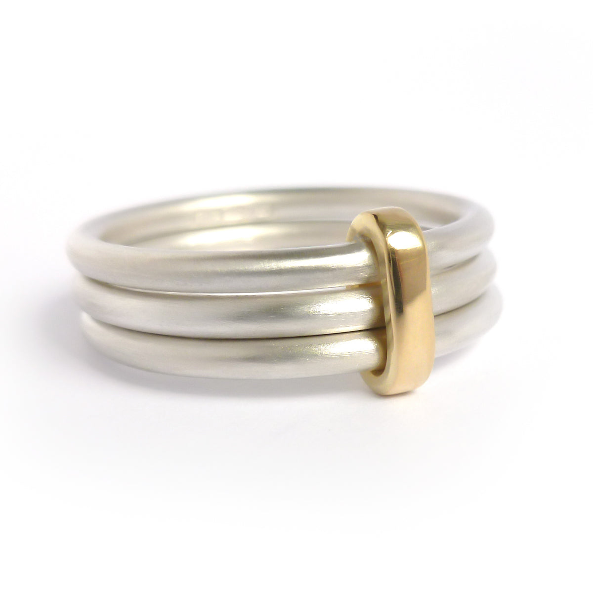 Modern unique and bespoke contemporary silver gold and diamond two band stacking ring by Sue Lane