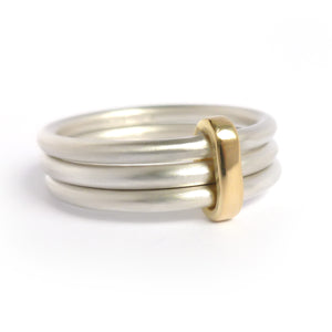 Modern unique and bespoke contemporary silver gold and diamond two band stacking ring by Sue Lane