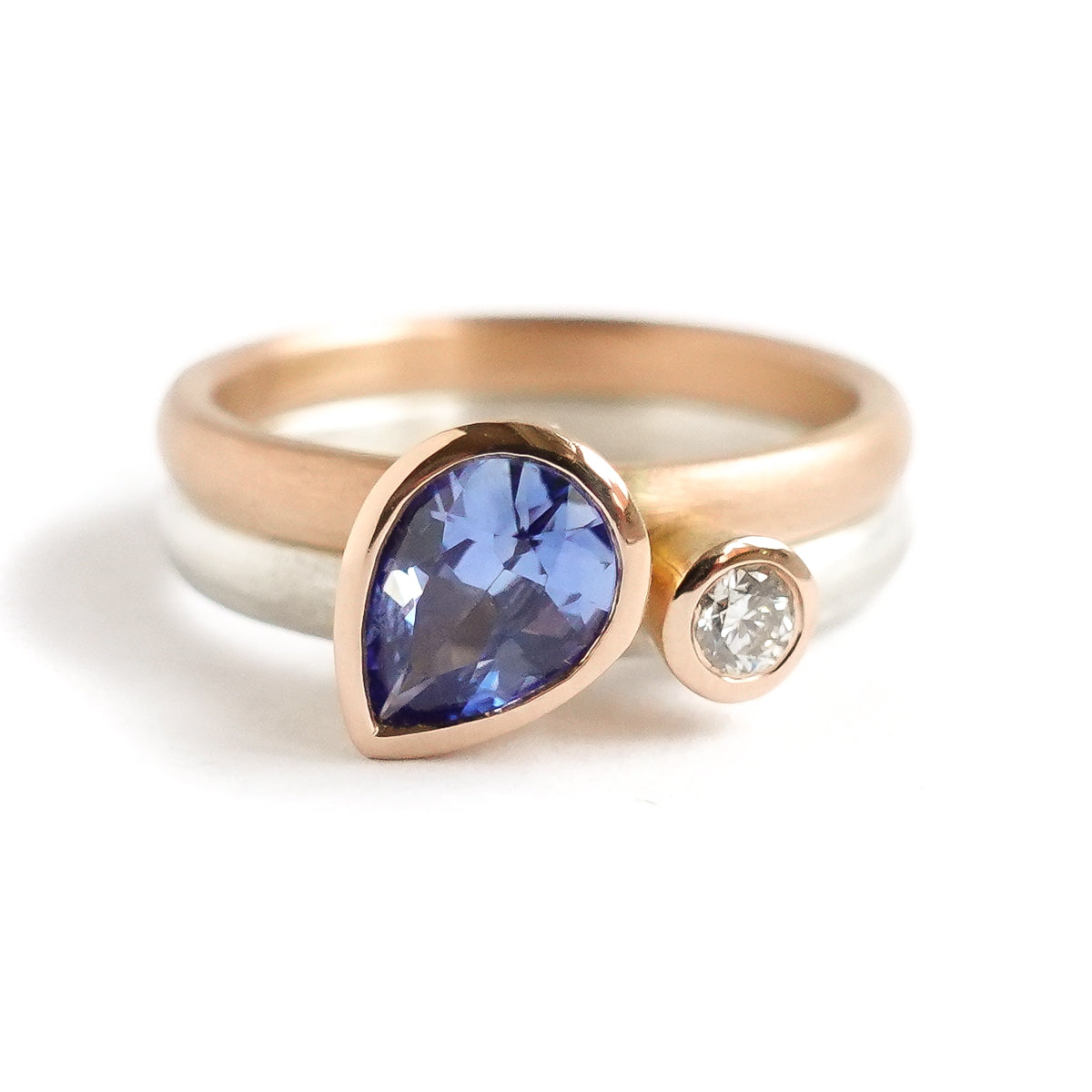 Modern bespoke contemporary two band sapphire and diamond gold and silver ring - sue lane