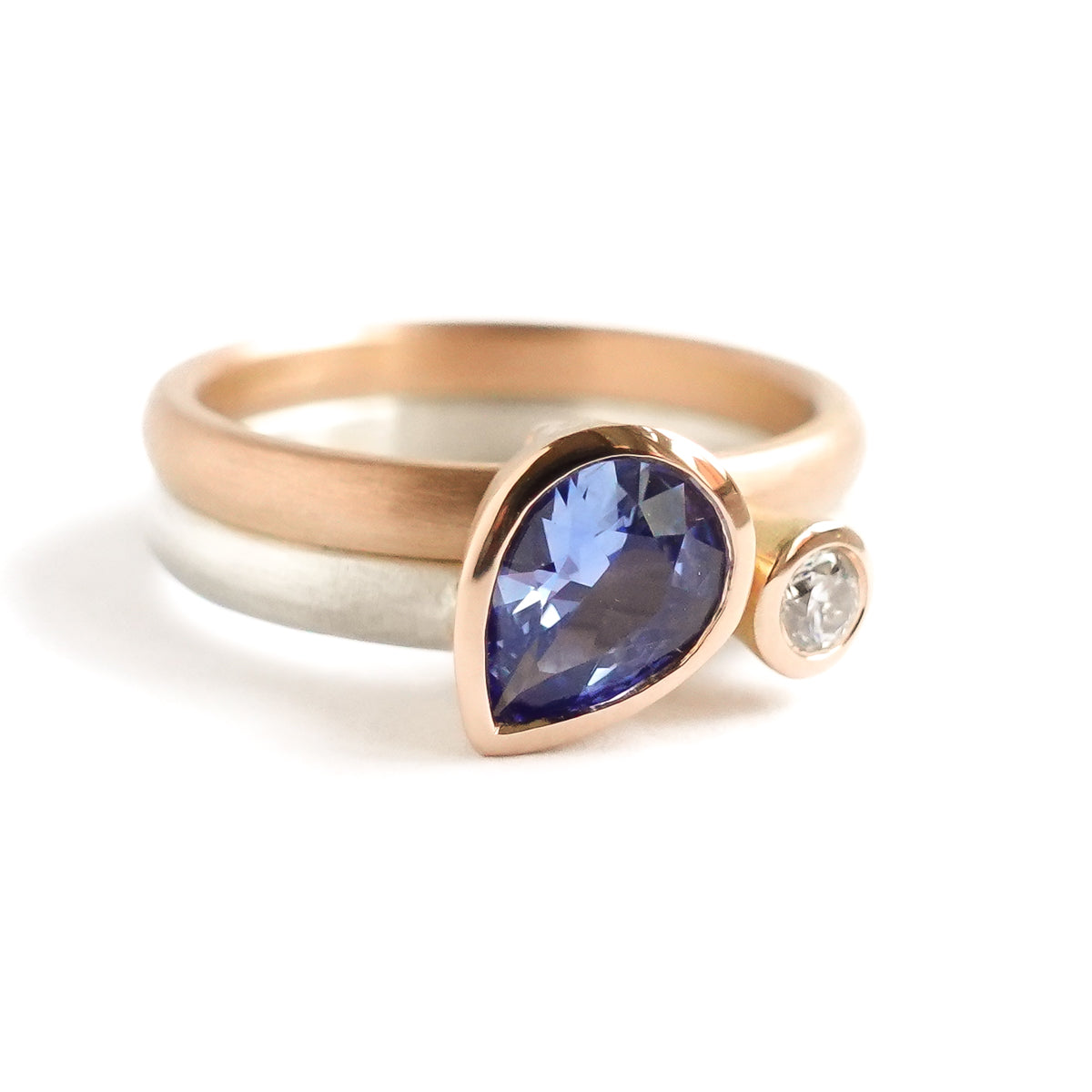 Modern bespoke contemporary two band sapphire and diamond gold and silver ring - sue lane