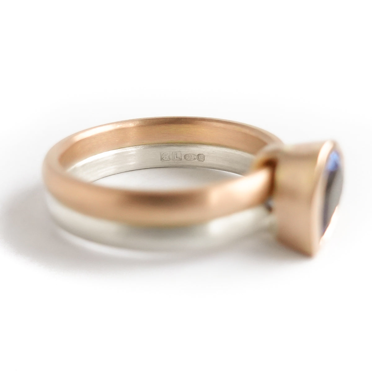 Modern bespoke contemporary two band sapphire and diamond gold and silver ring - sue lane