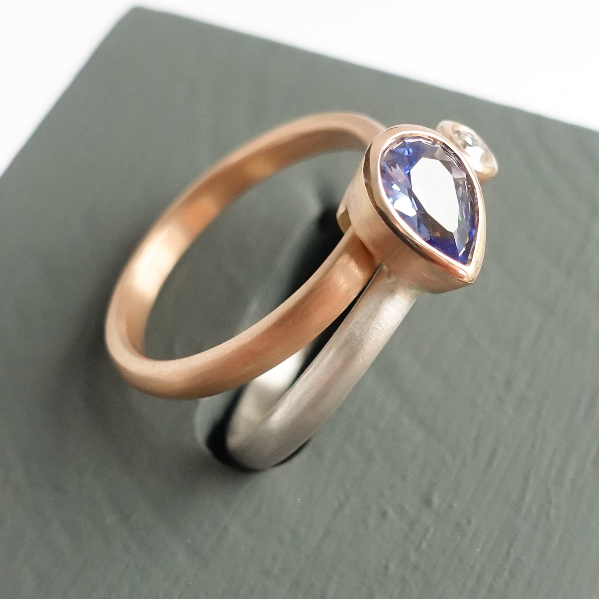 Modern bespoke contemporary two band sapphire and diamond gold and silver ring - sue lane