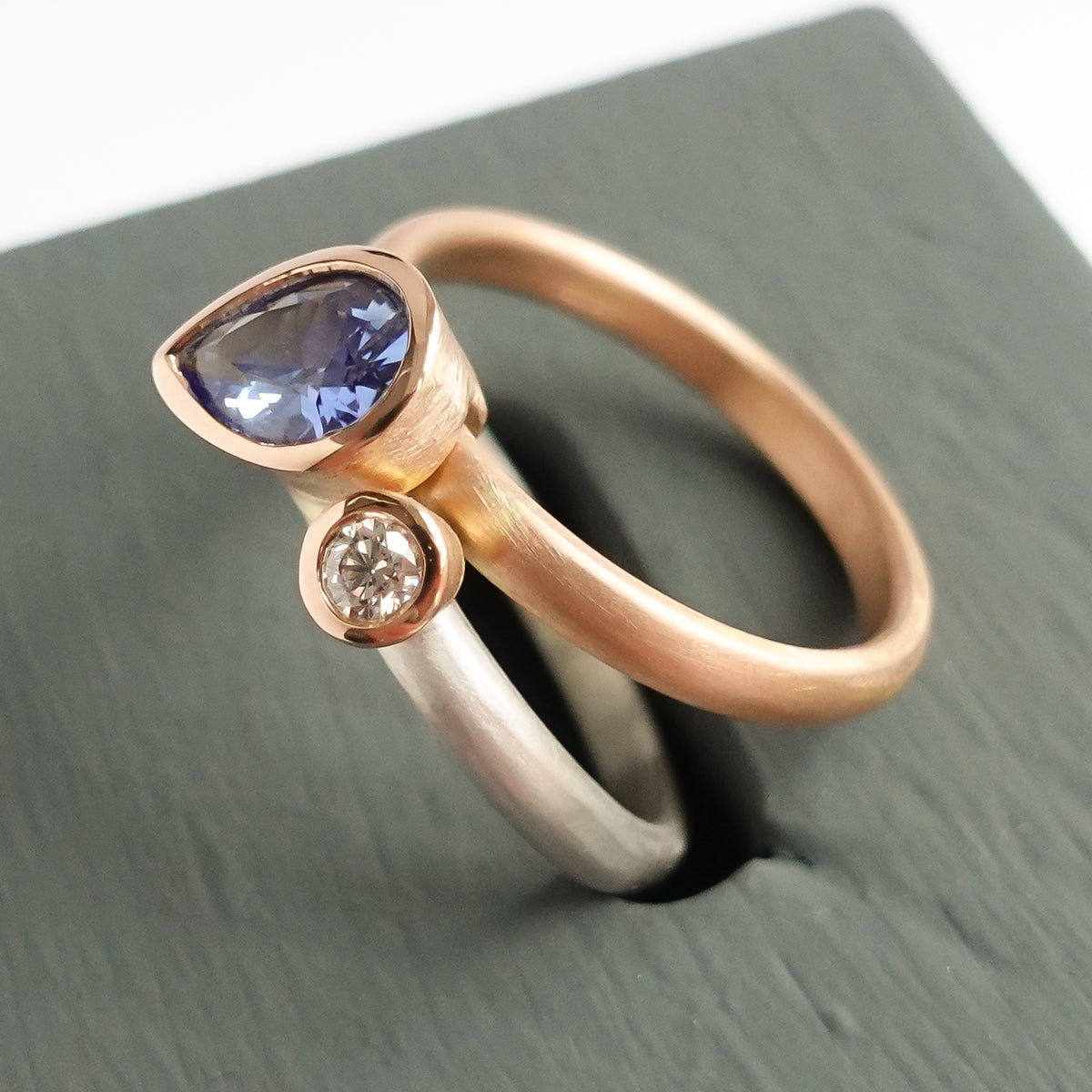 Modern bespoke contemporary two band sapphire and diamond gold and silver ring - sue lane