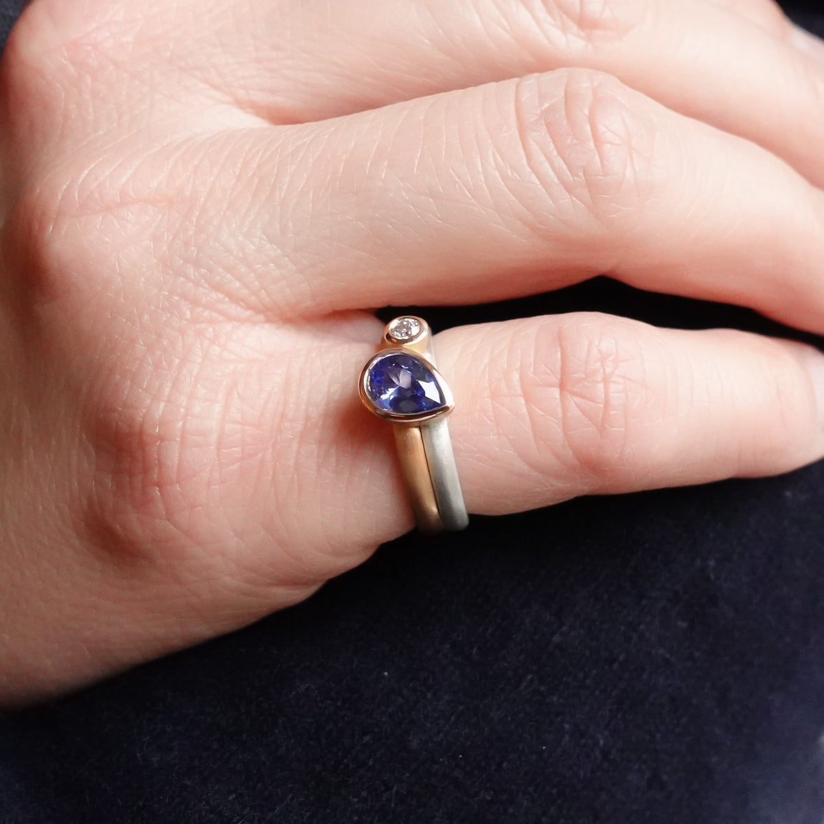 Modern bespoke contemporary two band sapphire and diamond gold and silver ring - sue lane