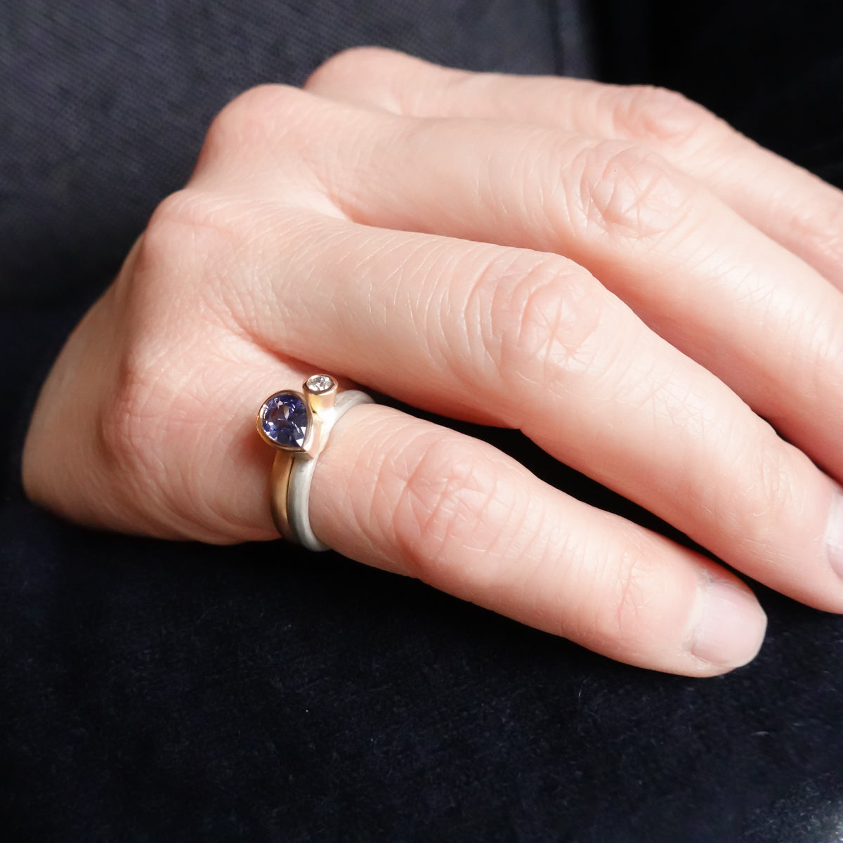 Modern bespoke contemporary two band sapphire and diamond gold and silver ring - sue lane