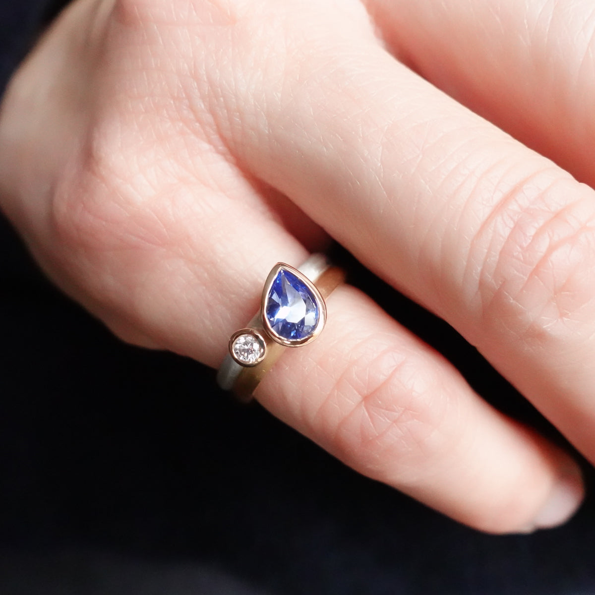 Modern bespoke contemporary two band sapphire and diamond gold and silver ring - sue lane