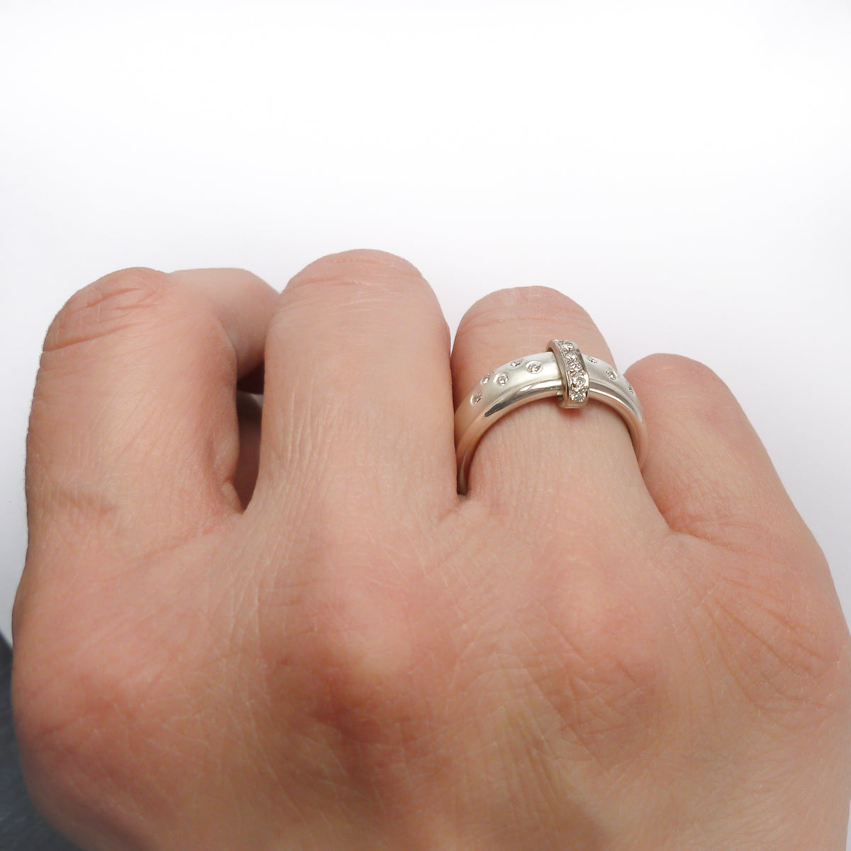 Modern contemporary silver and diamond ring. Beautiful dress ring or bespoke eternity ring. Sue Lane.