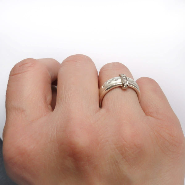 Modern contemporary silver and diamond ring. Beautiful dress ring or bespoke eternity ring. Sue Lane.