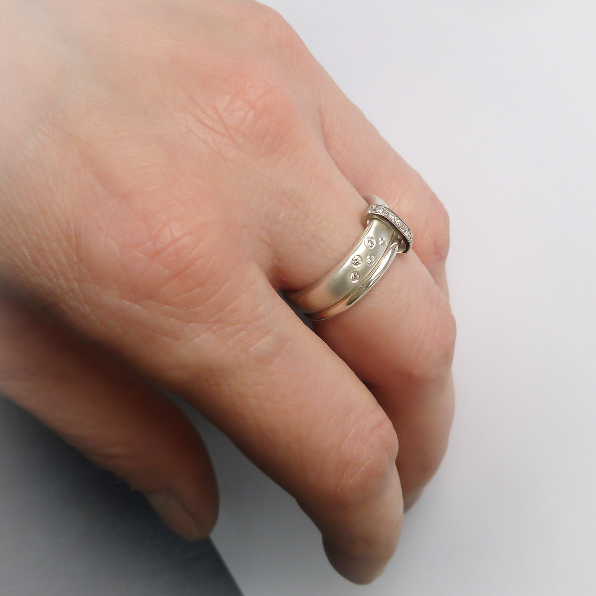 Modern contemporary silver and diamond ring. Beautiful dress ring or bespoke eternity ring. Sue Lane.