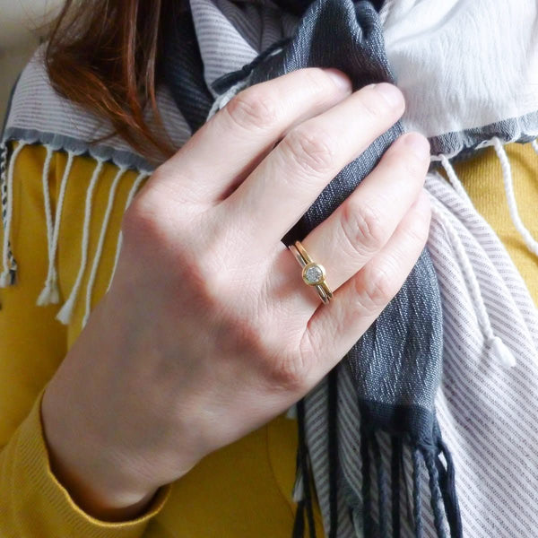 18ct white and yellow gold two band contemporary ring with certified diamond.