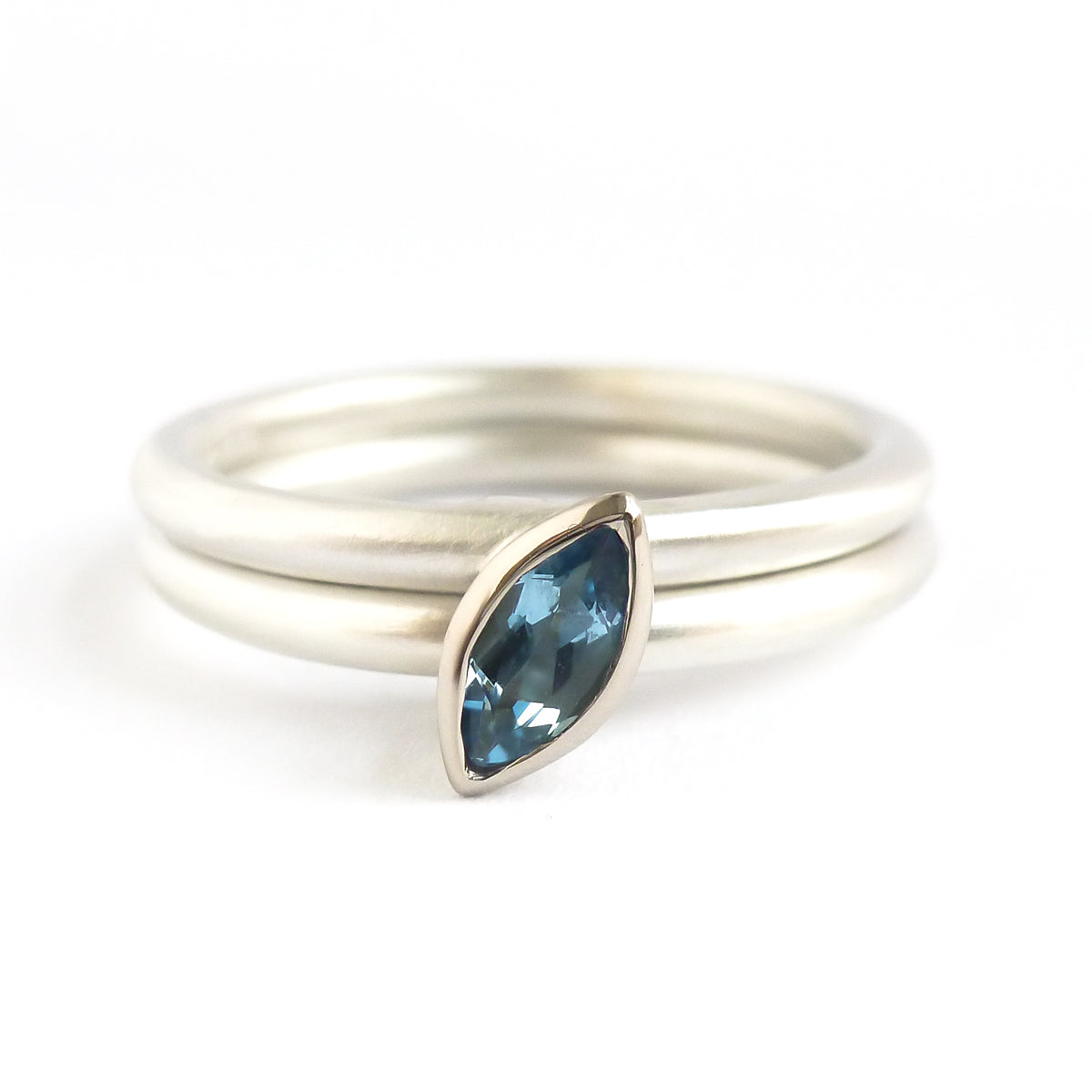 Unusual, unique, bespoke & modern silver ring aquamarine two band ring